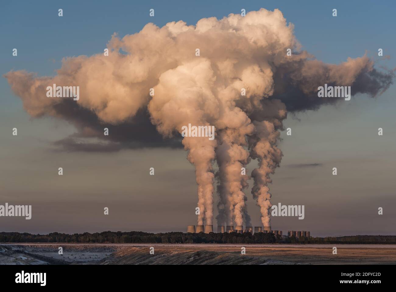 Lignite power plant with large cloud of smoke Stock Photo