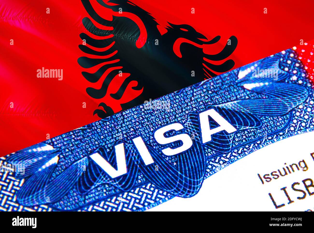 Albania Visa in passport. USA immigration Visa for Albania citizens  focusing on word VISA. Travel Albania visa in national identification  close-up,3D Stock Photo - Alamy