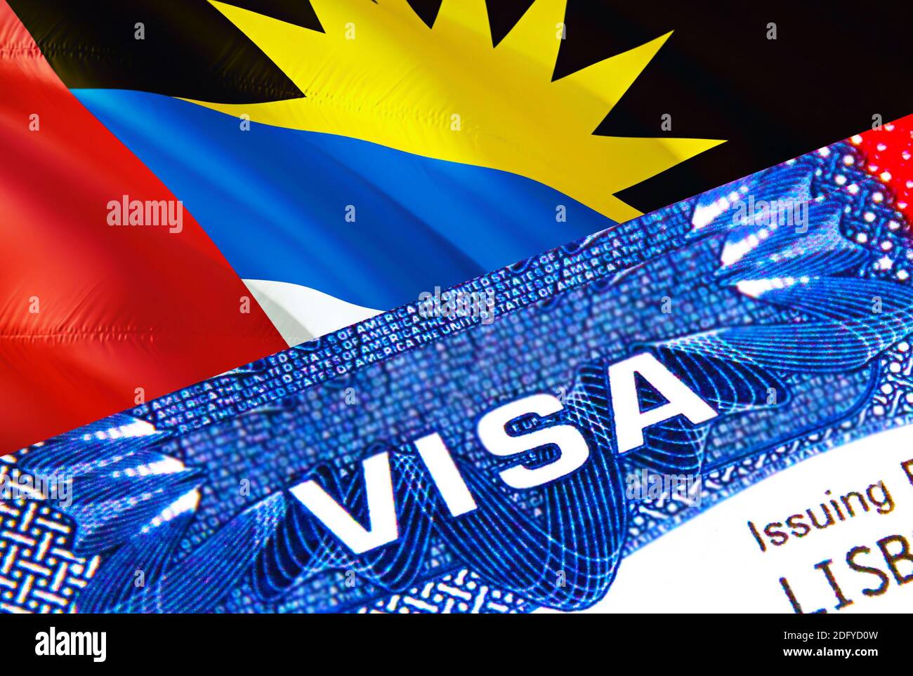 Antigua and Barbuda immigration document close up. Passport visa on