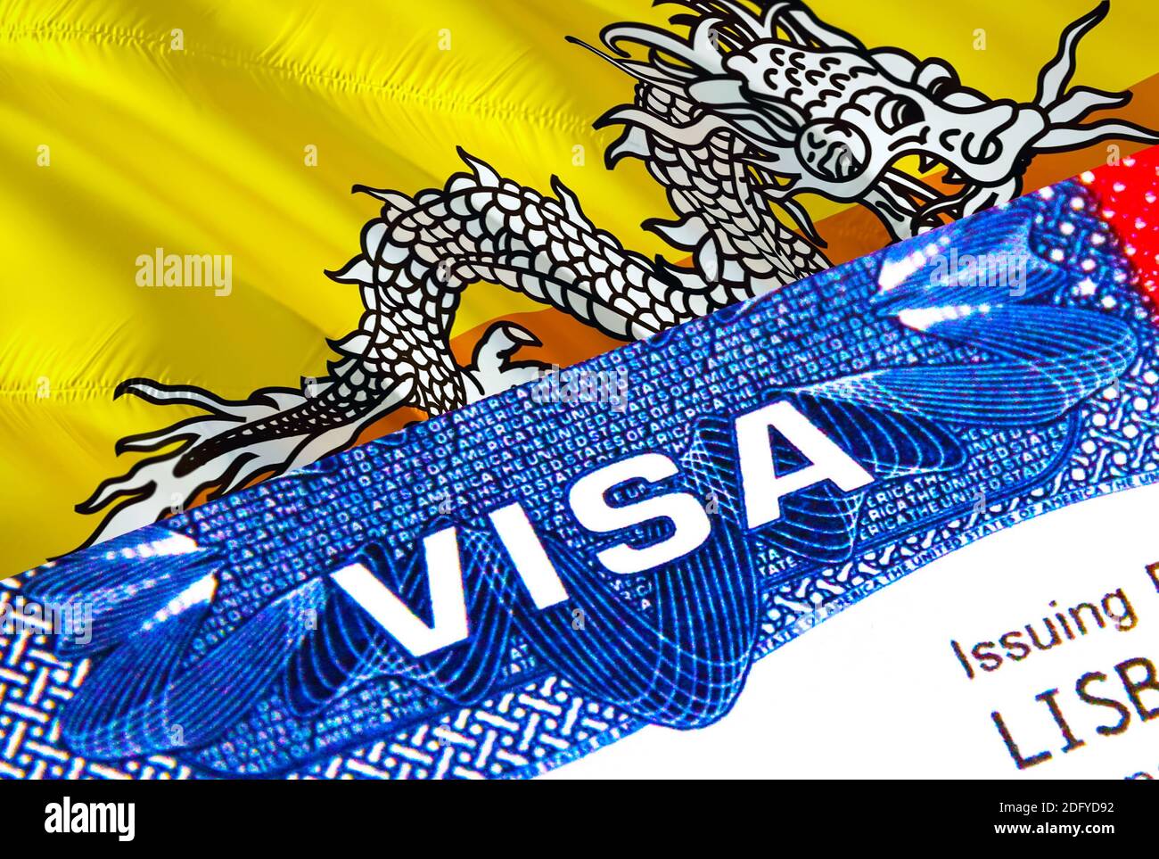 Bhutan Visa in passport. USA immigration Visa for Bhutan citizens focusing  on word VISA. Travel Bhutan visa in national identification close-up,3D ren  Stock Photo - Alamy