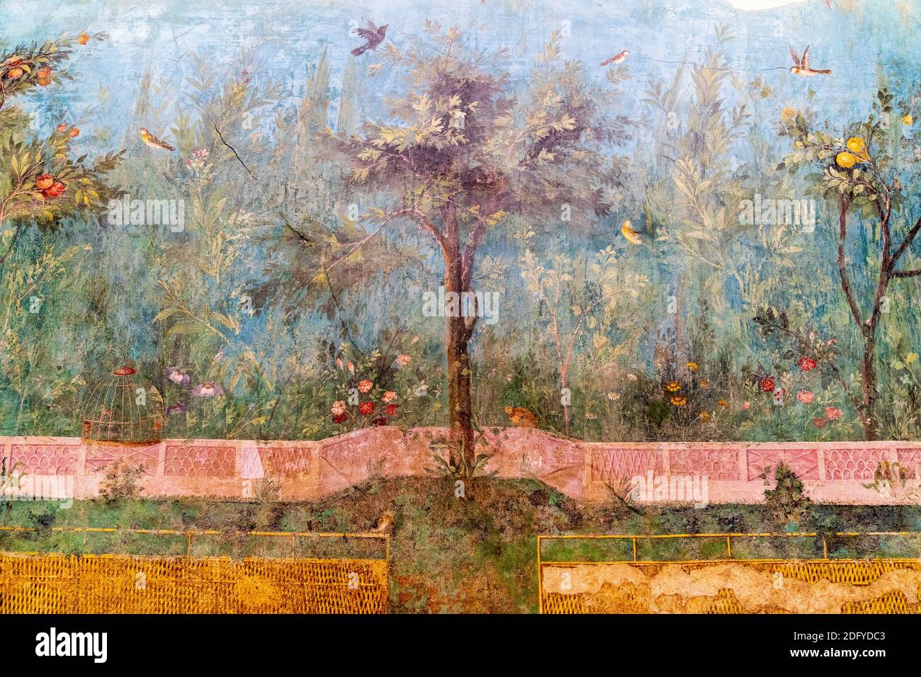 Roman art. The garden painting from Livia's Villa, showing various birds, fruit trees, walls and lawn at the Roman National Museum, Palazzo Massimo. Stock Photo