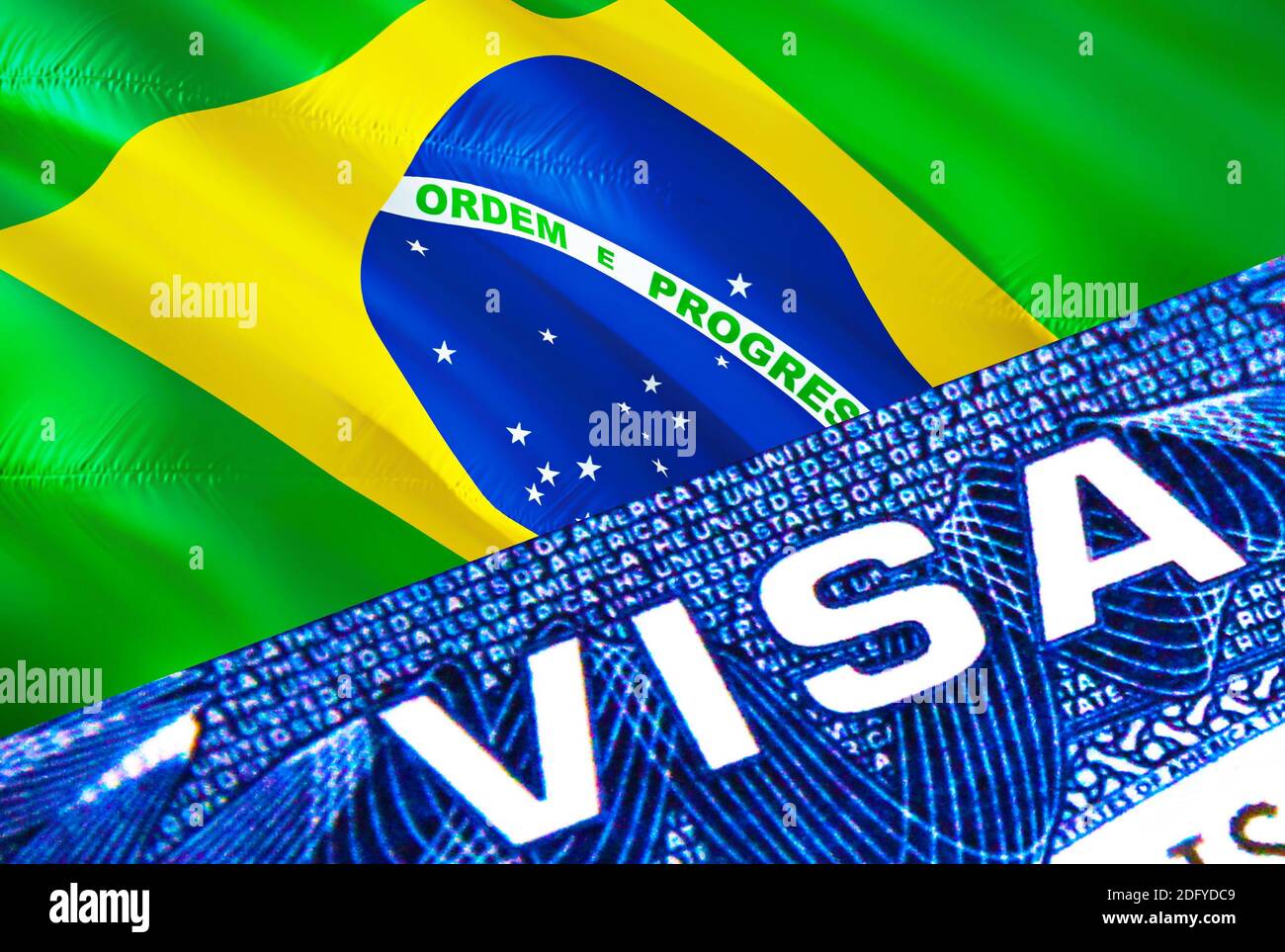 Brazil visa document close up. Passport visa on Brazil flag. Brazil
