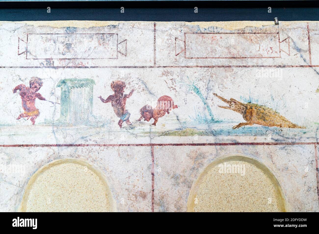 Roman art, painting of mystical scene of dwarfs escaping from a crocodile from the Farnesina villa at the Roman National Museum, Palazzo Massimo. Stock Photo