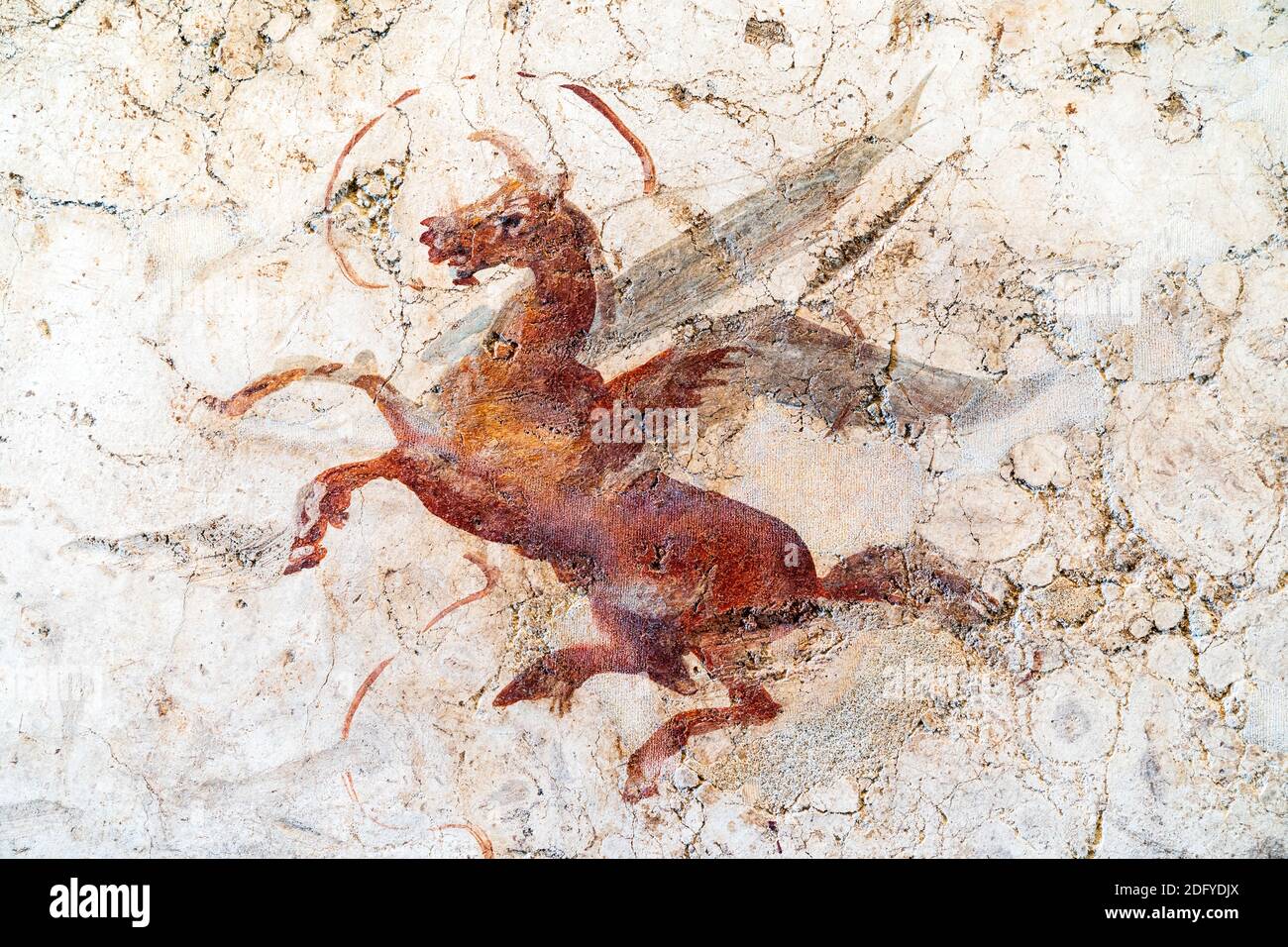 Bedroom wall Roman period Fresco of a winged horse, Pegasus, from the Villa of the Farnesina displayed at the National Roman Museum, Palazzo Massimo. Stock Photo