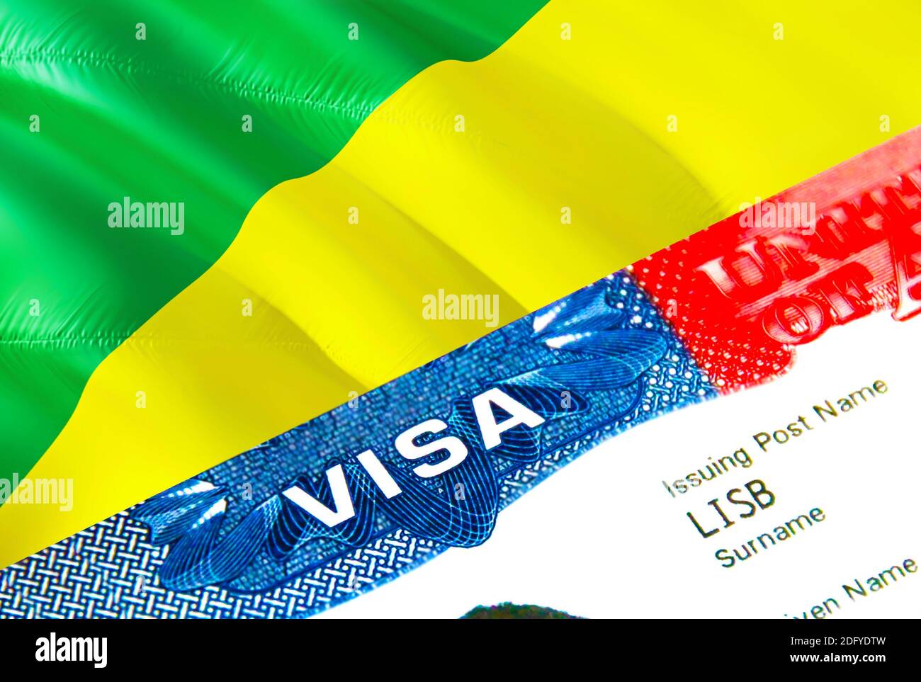 Congo immigration visa. Closeup Visa to Congo focusing on word VISA, 3D