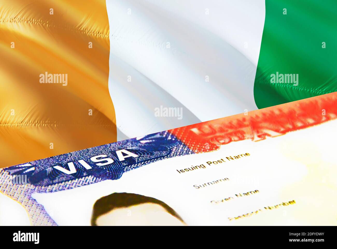 Cote d'Ivoire immigration document close up. Passport visa on Cote d'Ivoire  flag. Cote d'Ivoire visitor visa in passport,3D rendering. Cote d'Ivoire m  Stock Photo - Alamy