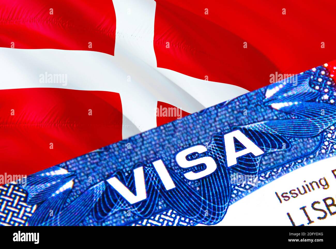 text VISA on Denmark visa stamp in passport. passport traveling abroad