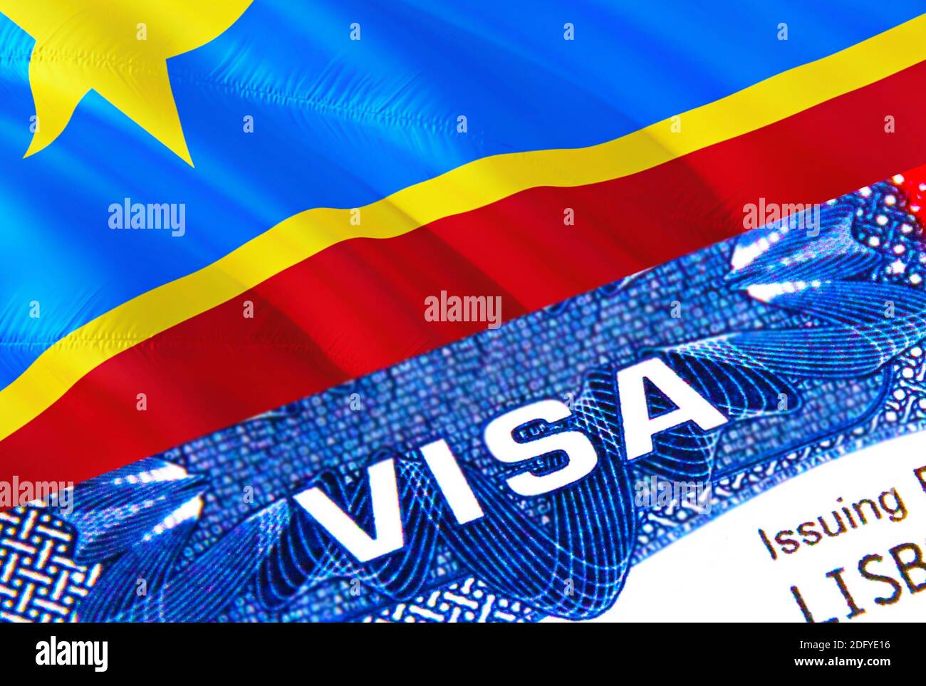 text VISA on DR Congo visa stamp in passport. passport traveling abroad concept. Travel to DR Congo concept - selective focus,3D rendering. Immigratio Stock Photo