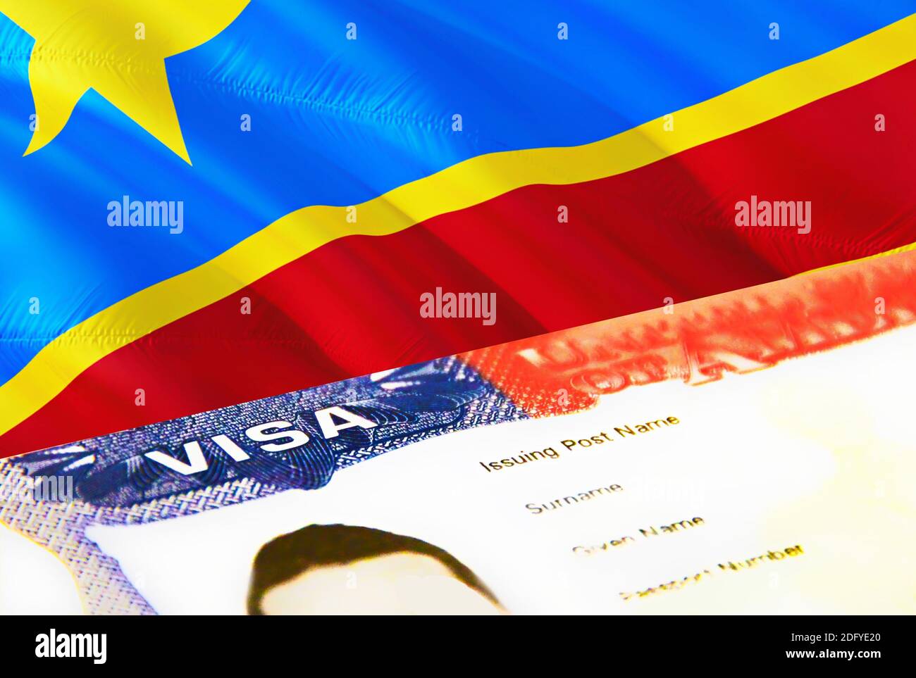 DR Congo immigration document close up. Passport visa on DR Congo flag. DR Congo visitor visa in passport,3D rendering. DR Congo multi entrance visa i Stock Photo