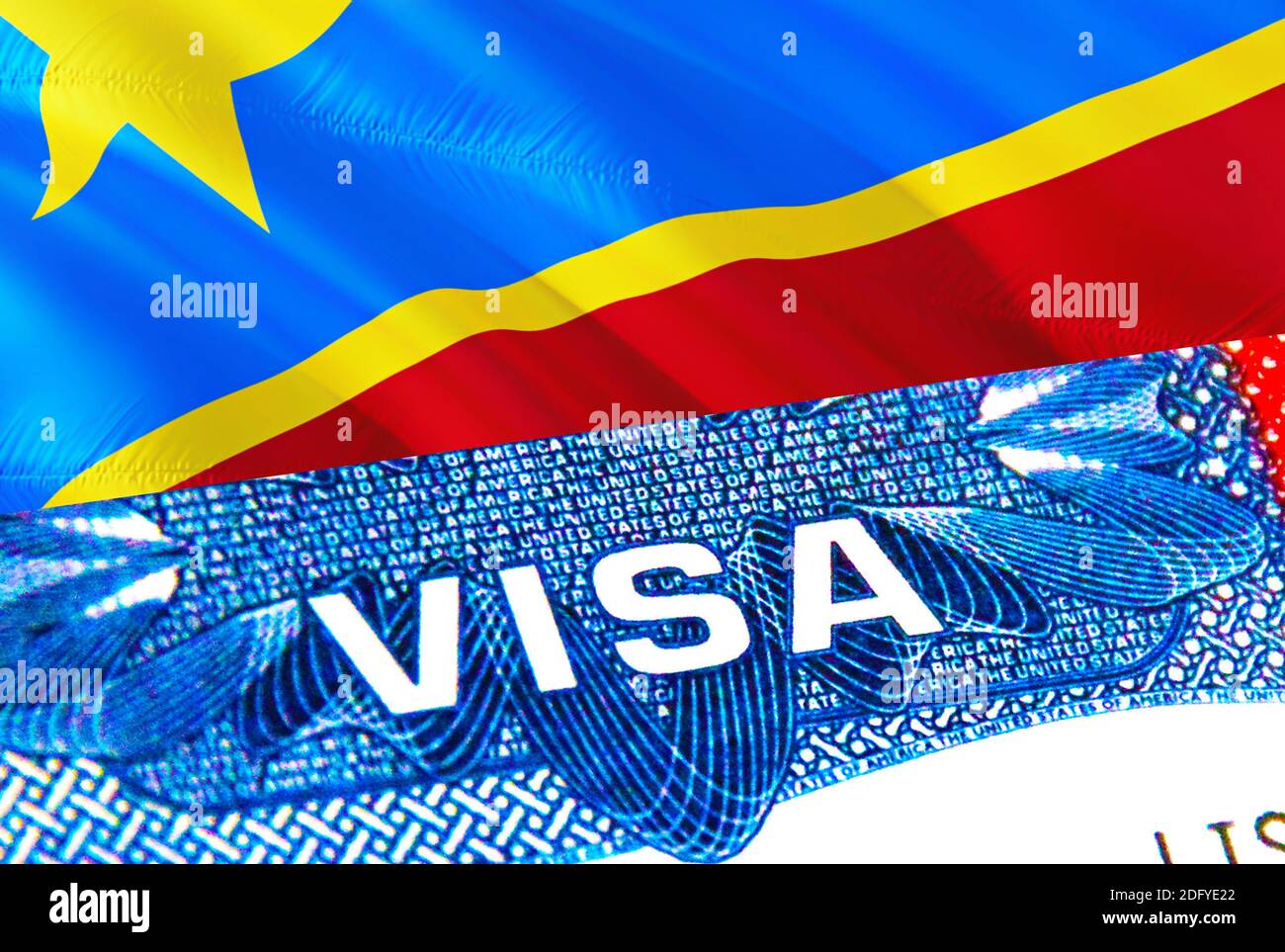 DR Congo Visa. Travel to DR Congo focusing on word VISA, 3D rendering. DR Congo immigrate concept with visa in passport. DR Congo tourism entrance in Stock Photo