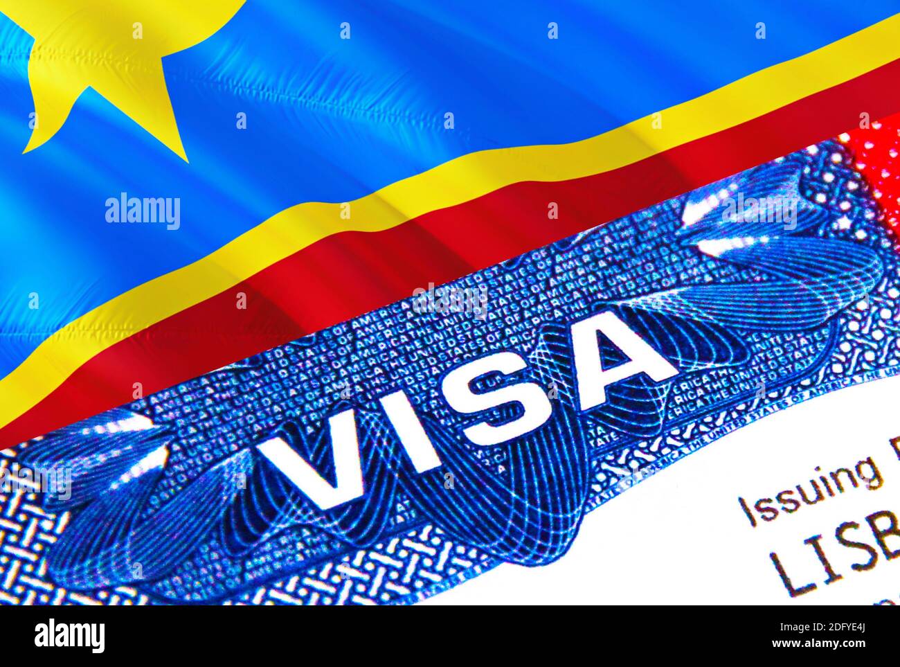 DR Congo Visa in passport. USA immigration Visa for DR Congo citizens focusing on word VISA. Travel DR Congo visa in national identification close-up, Stock Photo
