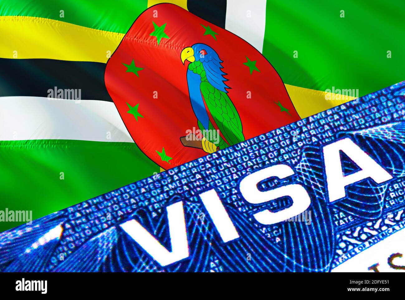 Dominica visa document close up. Passport visa on Dominica flag