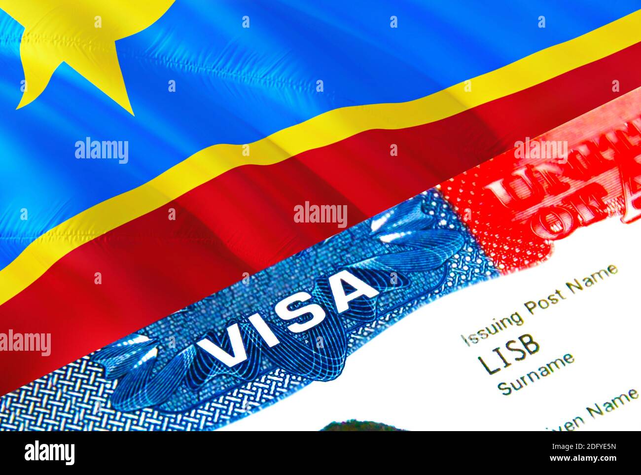 DR Congo immigration visa. Closeup Visa to DR Congo focusing on word VISA, 3D rendering. Travel or migration to DR Congo destination concept with visa Stock Photo