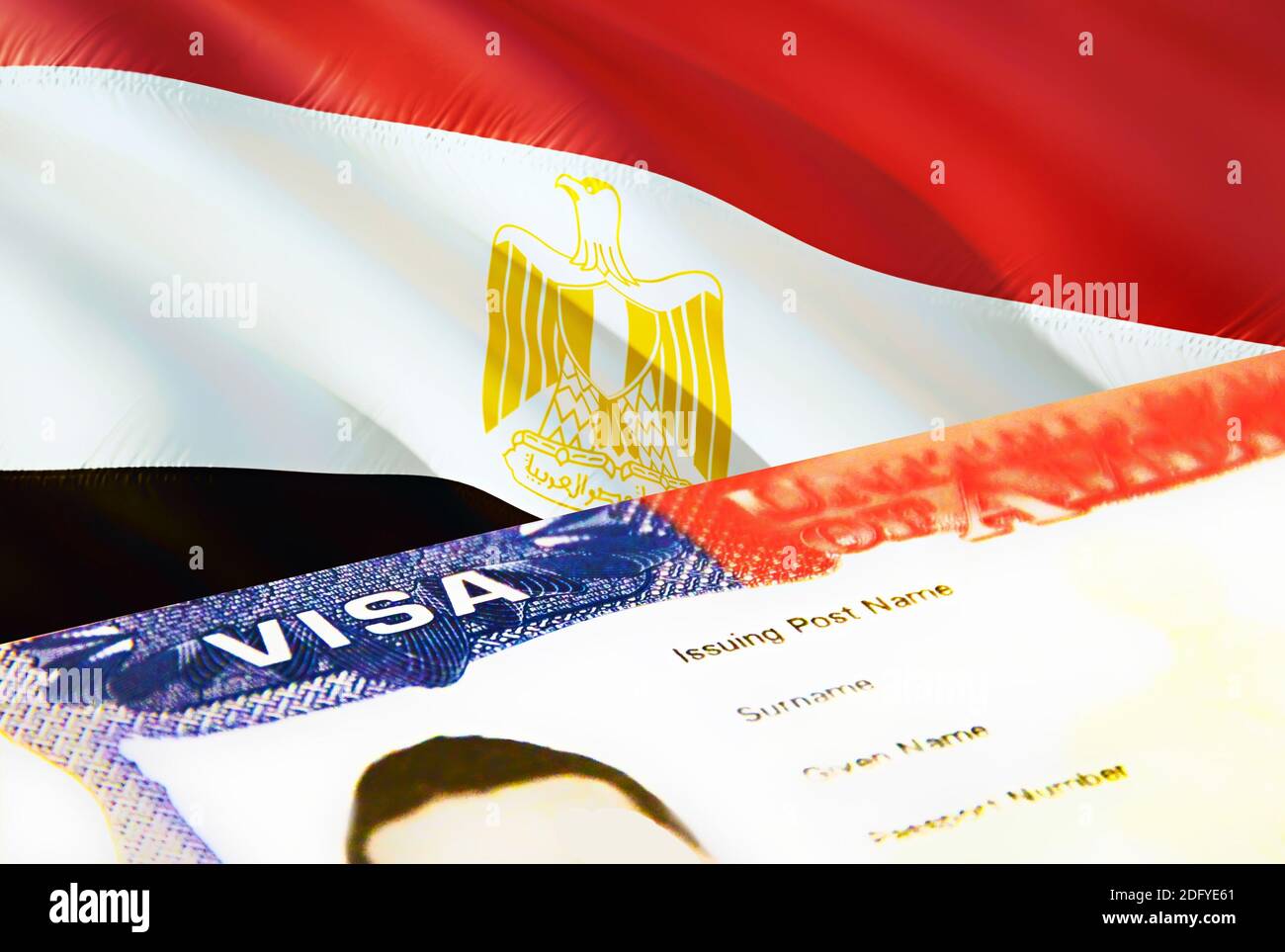 Egypt immigration document close up. Passport visa on Egypt flag. Egypt