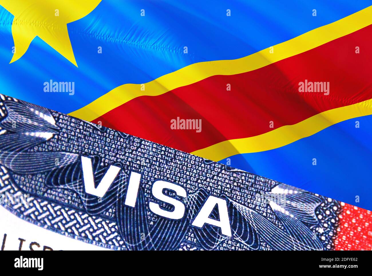 DR Congo Visa Document, with DR Congo flag in background. DR Congo flag with Close up text VISA on USA visa stamp in passport,3D rendering.Visa passpo Stock Photo