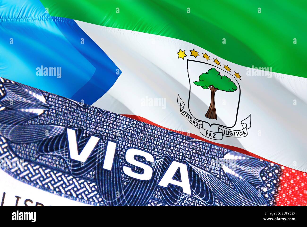 Equatorial Guinea Visa Document, with Equatorial Guinea flag in background.  Equatorial Guinea flag with Close up text VISA on USA visa stamp in passpo  Stock Photo - Alamy