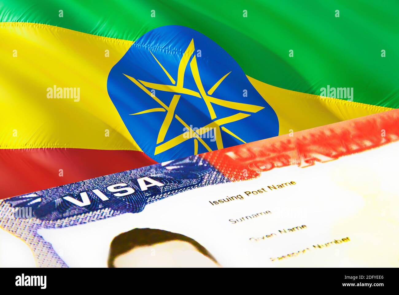 Ethiopia immigration document close up. Passport visa on Ethiopia flag