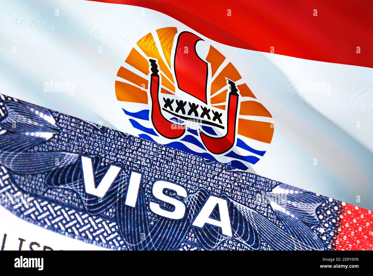 French Polynesia Visa Document, with French Polynesia flag in background.  French Polynesia flag with Close up text VISA on USA visa stamp in passport  Stock Photo - Alamy