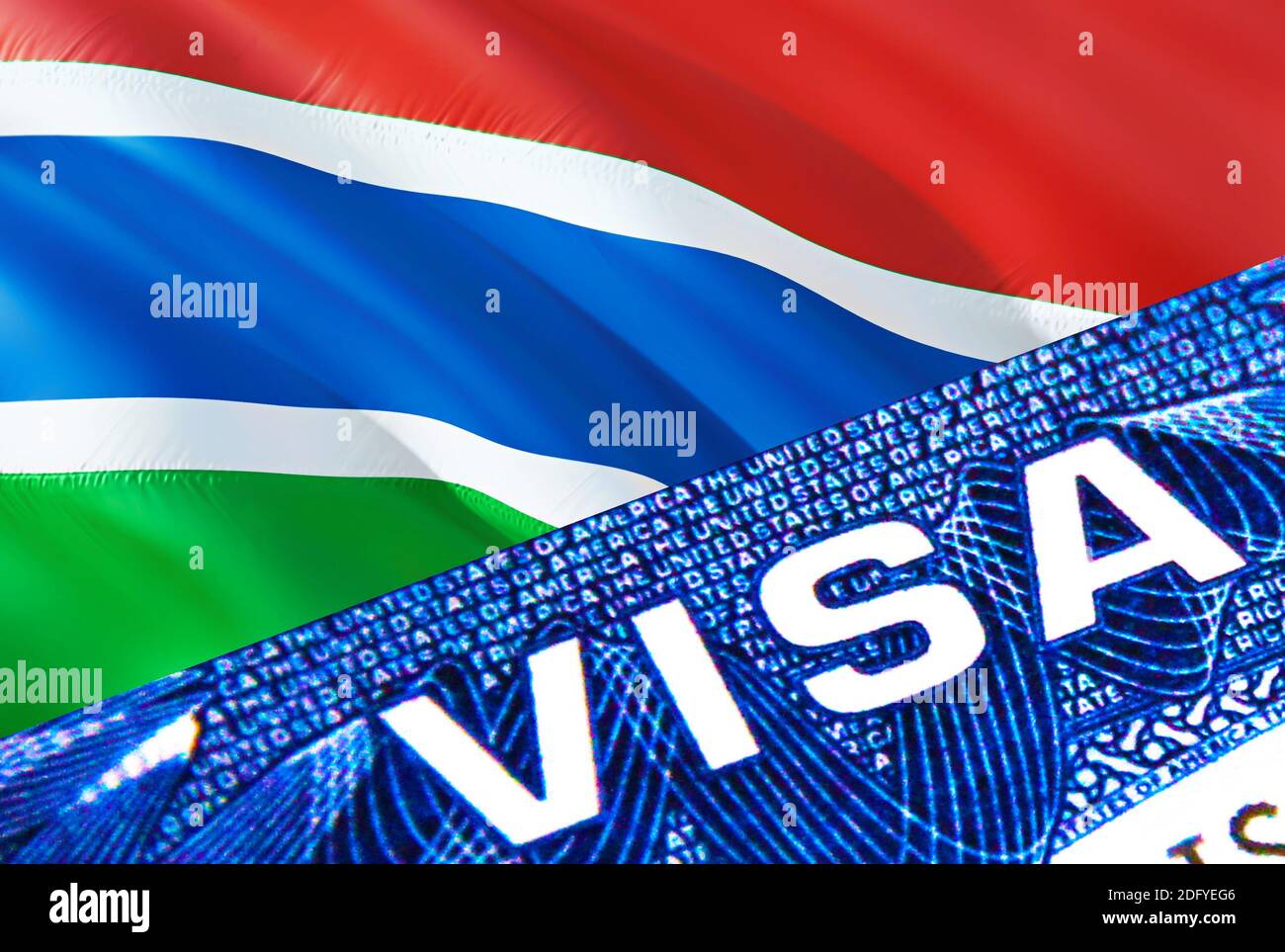 Gambia visa document close up. Passport visa on Gambia flag. Gambia