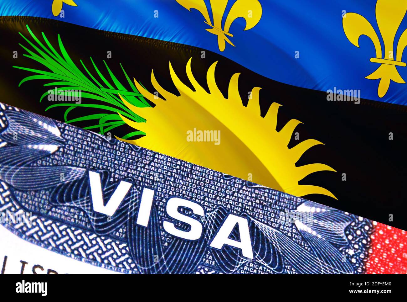 Guadeloupe Visa Document, with Guadeloupe flag in background. Guadeloupe  flag with Close up text VISA on USA visa stamp in passport,3D rendering.Visa  Stock Photo - Alamy