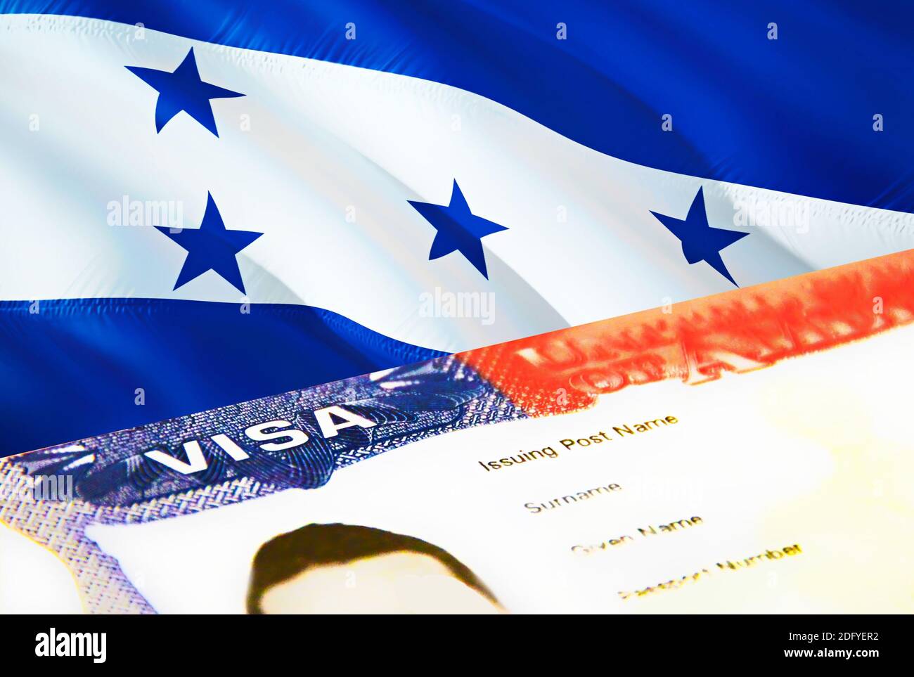 Honduras immigration document close up. Passport visa on Honduras flag. Honduras visitor visa in