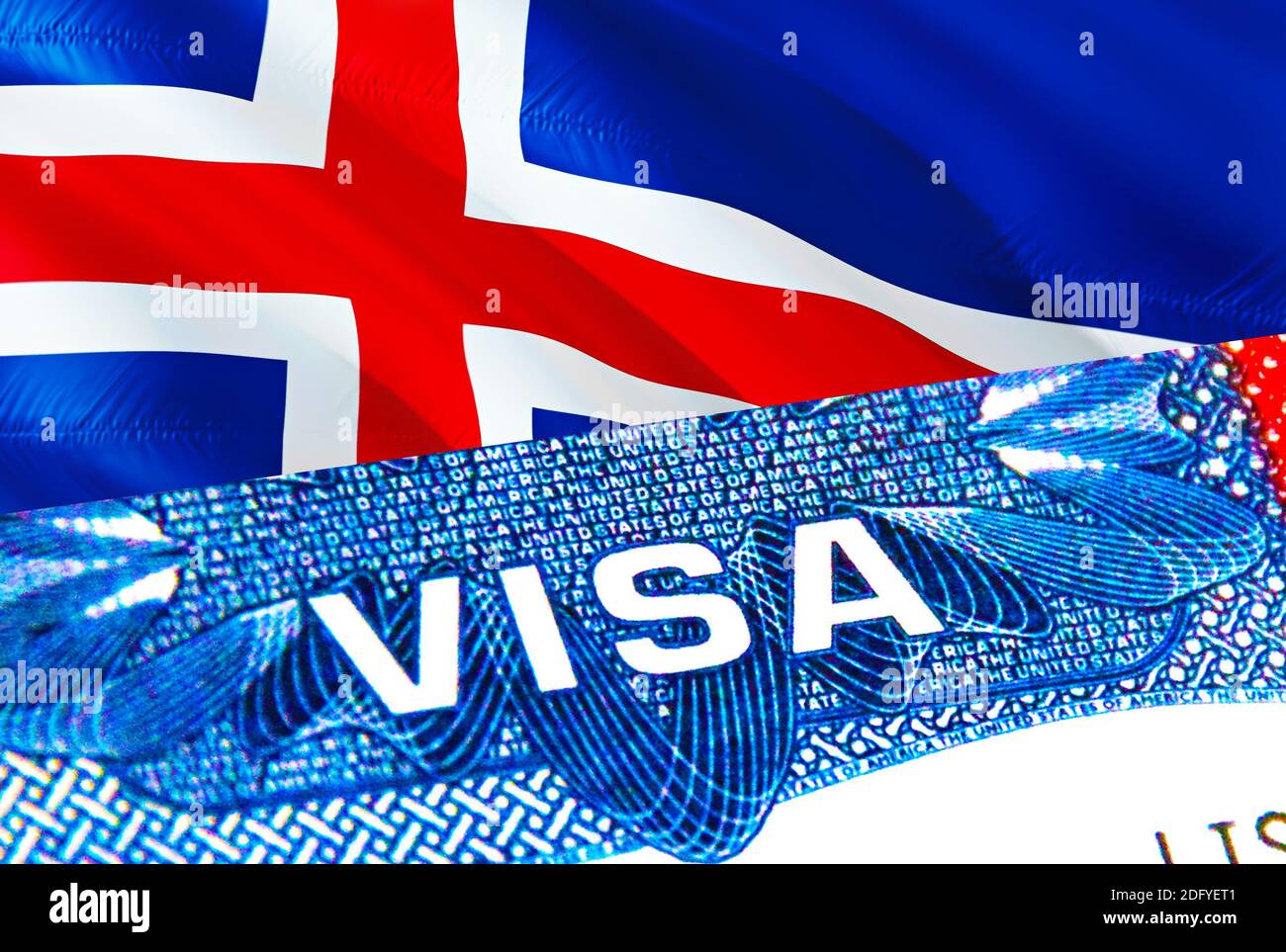 Iceland Visa. Travel to Iceland focusing on word VISA, 3D rendering