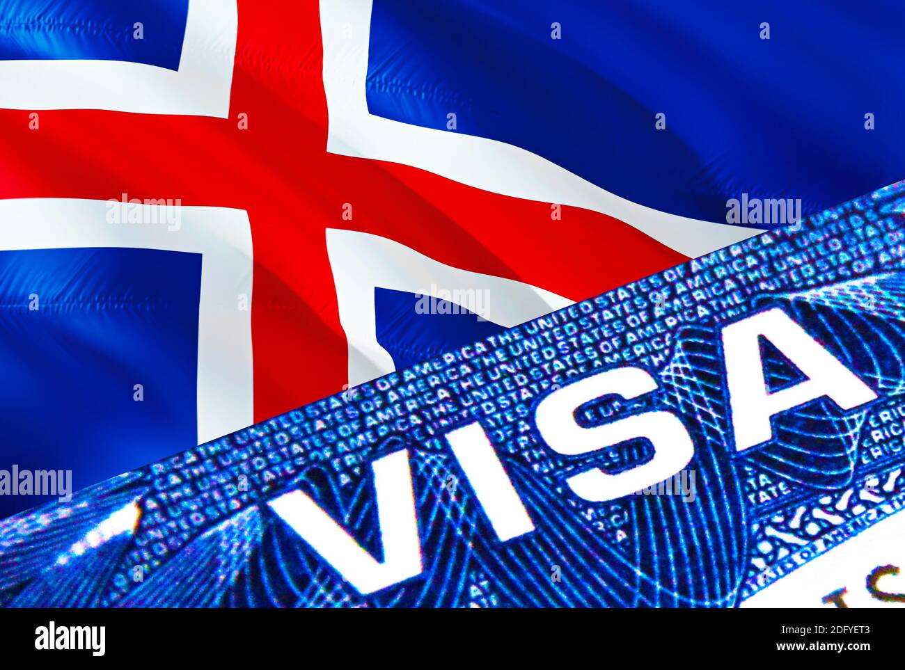 Iceland visa document close up. Passport visa on Iceland flag. Iceland