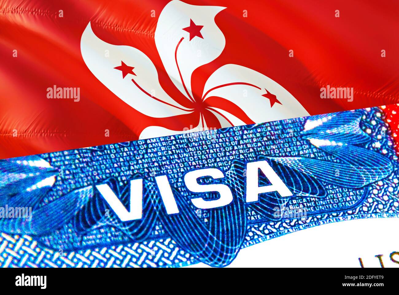 Hong Kong Visa. Travel to Hong Kong focusing on word VISA, 3D rendering