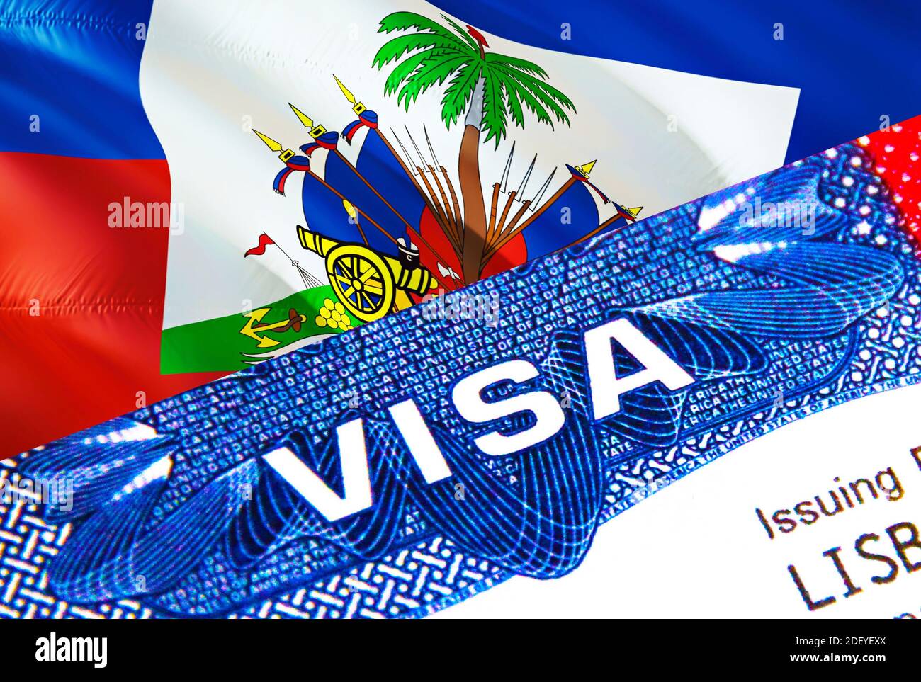 Haiti Visa in passport. USA immigration Visa for Haiti citizens focusing on  word VISA. Travel Haiti visa in national identification close-up,3D render  Stock Photo - Alamy