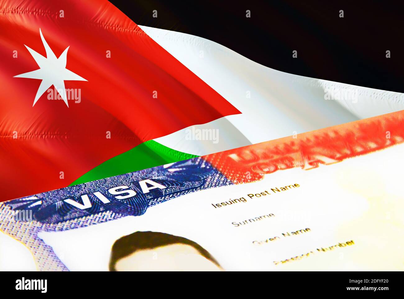 Jordan immigration document close up. Passport visa on Jordan flag