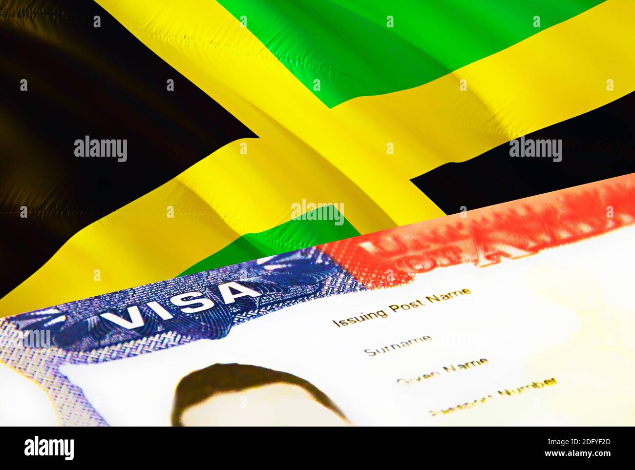 Jamaica immigration document close up. Passport visa on Jamaica flag. Jamaica visitor visa in