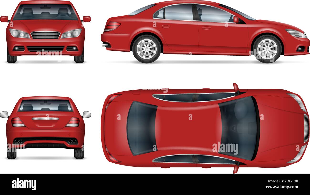 Sedan car vector mockup for vehicle branding, advertising, corporate identity. All elements in the groups on separate layers for easy editing Stock Vector