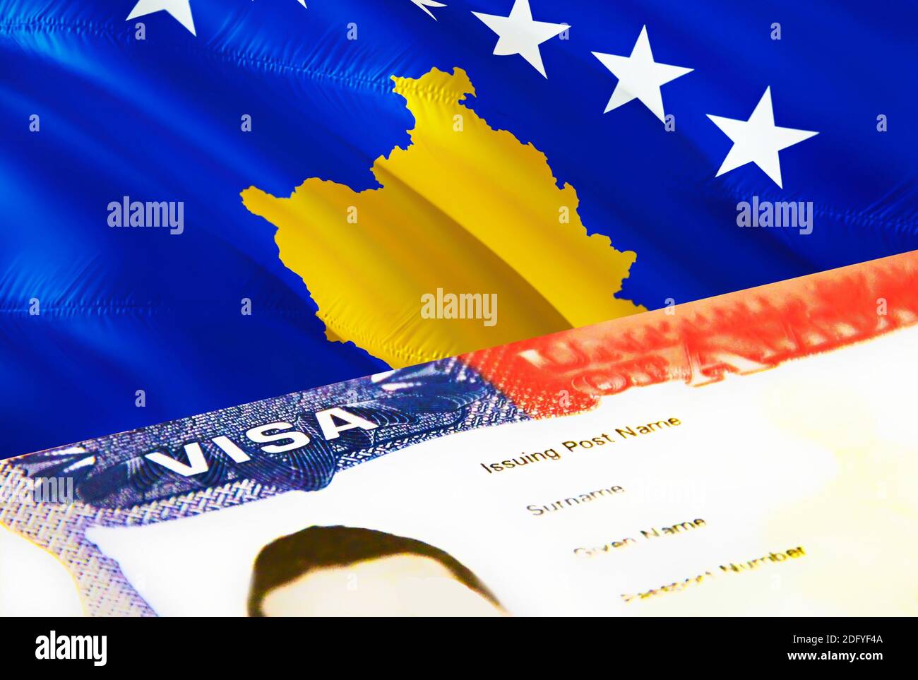 Kosovo immigration document close up. Passport visa on Kosovo flag. Kosovo visitor visa in passport,3D rendering. Kosovo multi entrance visa in passpo Stock Photo