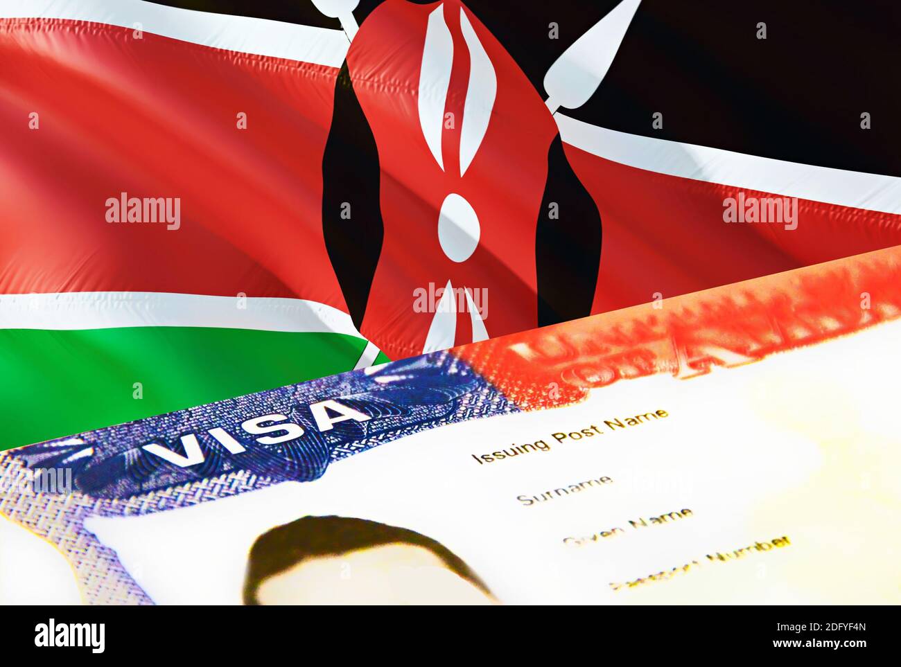 Kenya immigration document close up. Passport visa on Kenya flag. Kenya visitor visa in passport,3D rendering. Kenya multi entrance visa in passport. Stock Photo