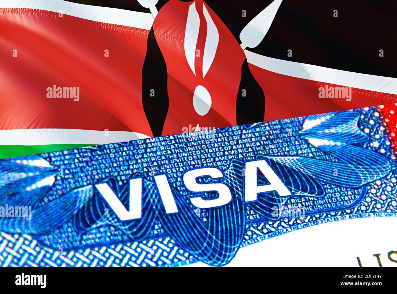 Kenya Visa. Travel to Kenya focusing on word VISA, 3D rendering. Kenya immigrate concept with visa in passport. Kenya tourism entrance in passport. Vi Stock Photo