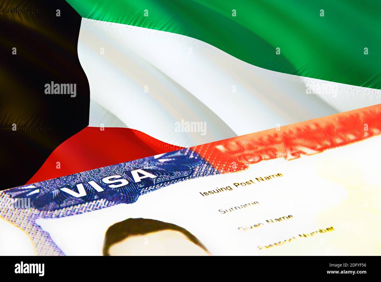 Kuwait immigration document close up. Passport visa on Kuwait flag