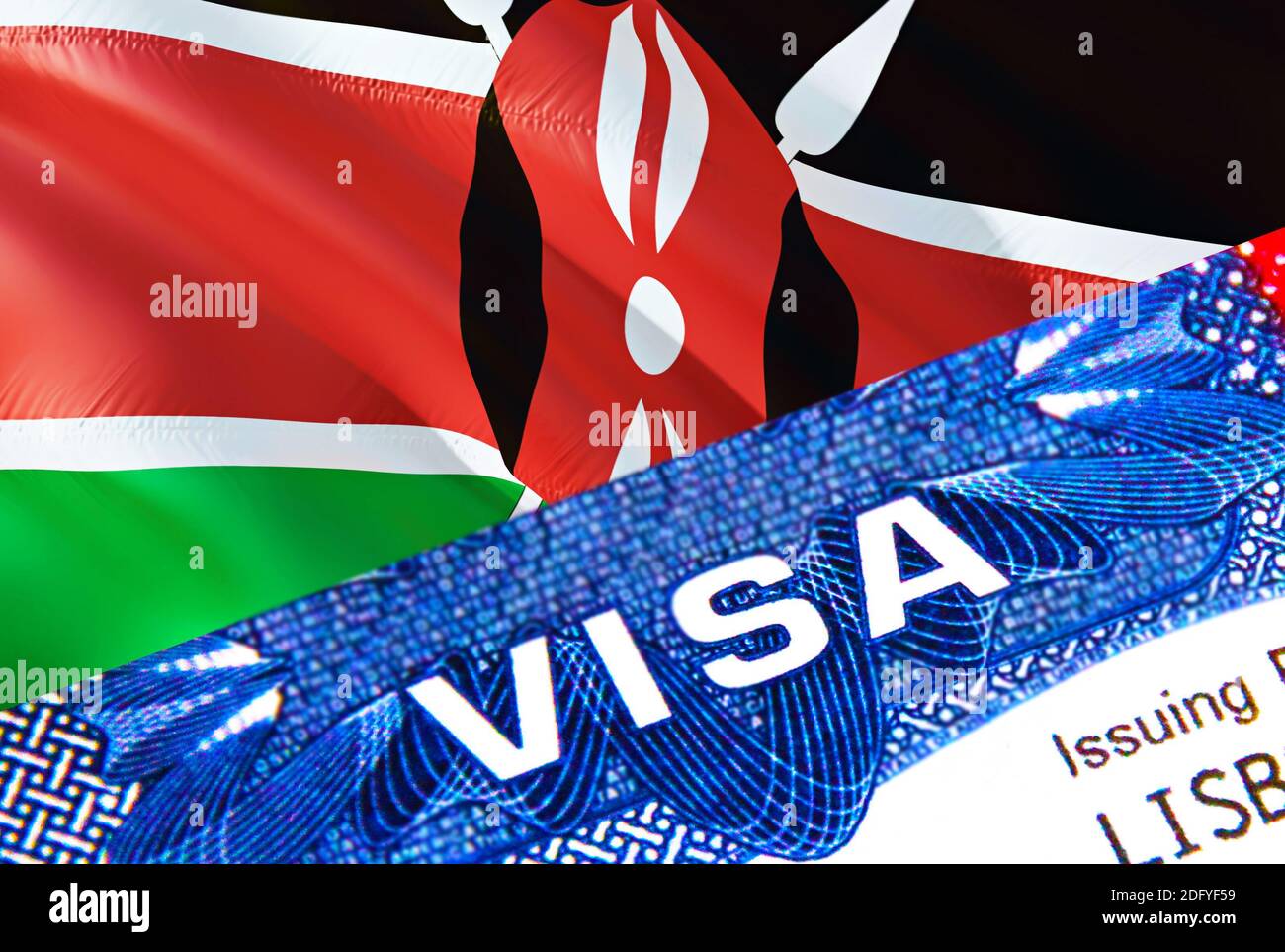 Kenya visa stamp in passport with VISA text. Passport traveling abroad concept. Travel to Kenya concept - selective focus,3D rendering. Immigration an Stock Photo