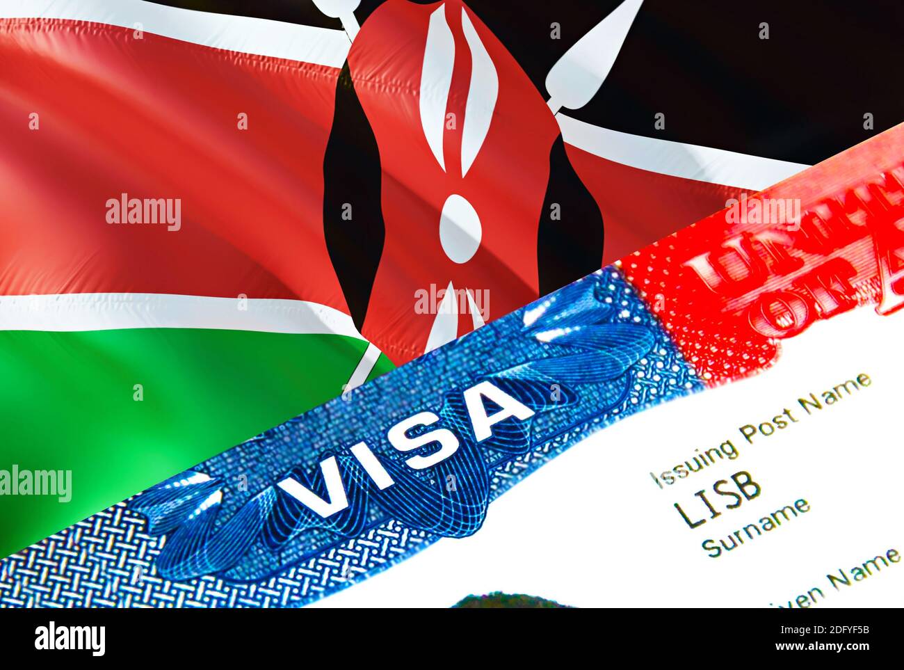 Kenya immigration visa. Closeup Visa to Kenya focusing on word VISA, 3D rendering. Travel or migration to Kenya destination concept with visa in passp Stock Photo