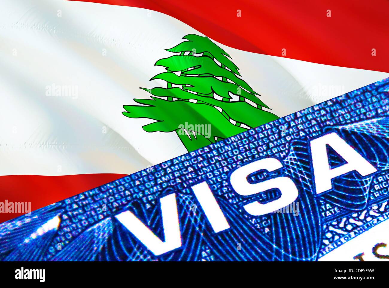 Lebanon visa document close up. Passport visa on Lebanon flag. Lebanon visitor visa in passport