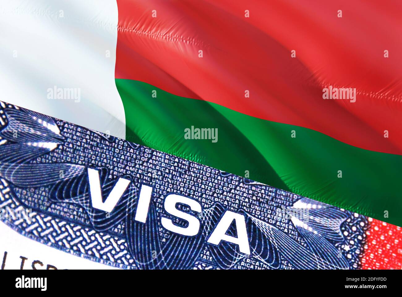 Madagascar Visa Document, with Madagascar flag in background. Madagascar  flag with Close up text VISA on USA visa stamp in passport,3D rendering.Visa  Stock Photo - Alamy