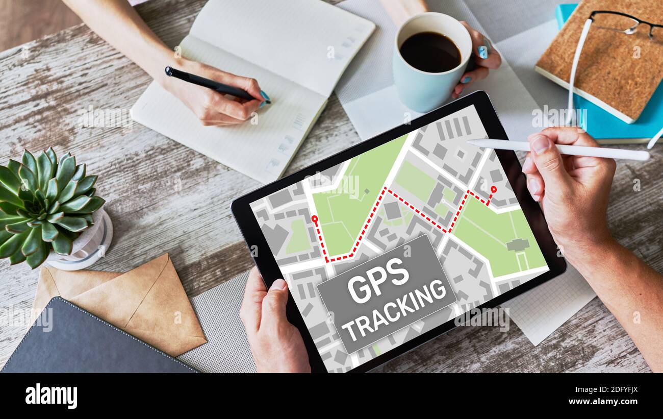 GPS Global positioning system tracking map on device screen Stock Photo