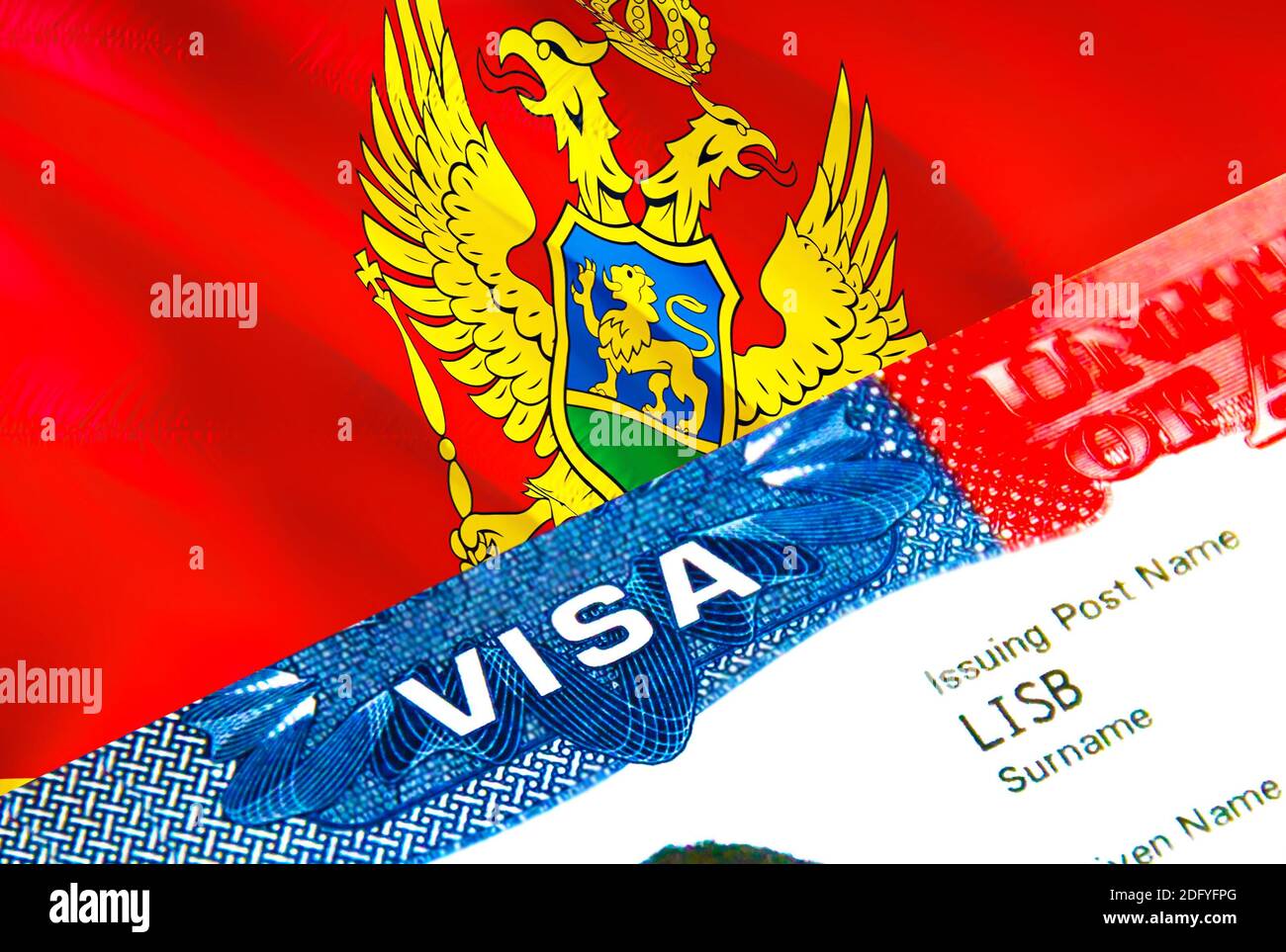 Montenegro Visa. Travel to Montenegro focusing on word VISA, 3D rendering.  Montenegro immigrate concept with visa in passport. Montenegro tourism entr  Stock Photo - Alamy