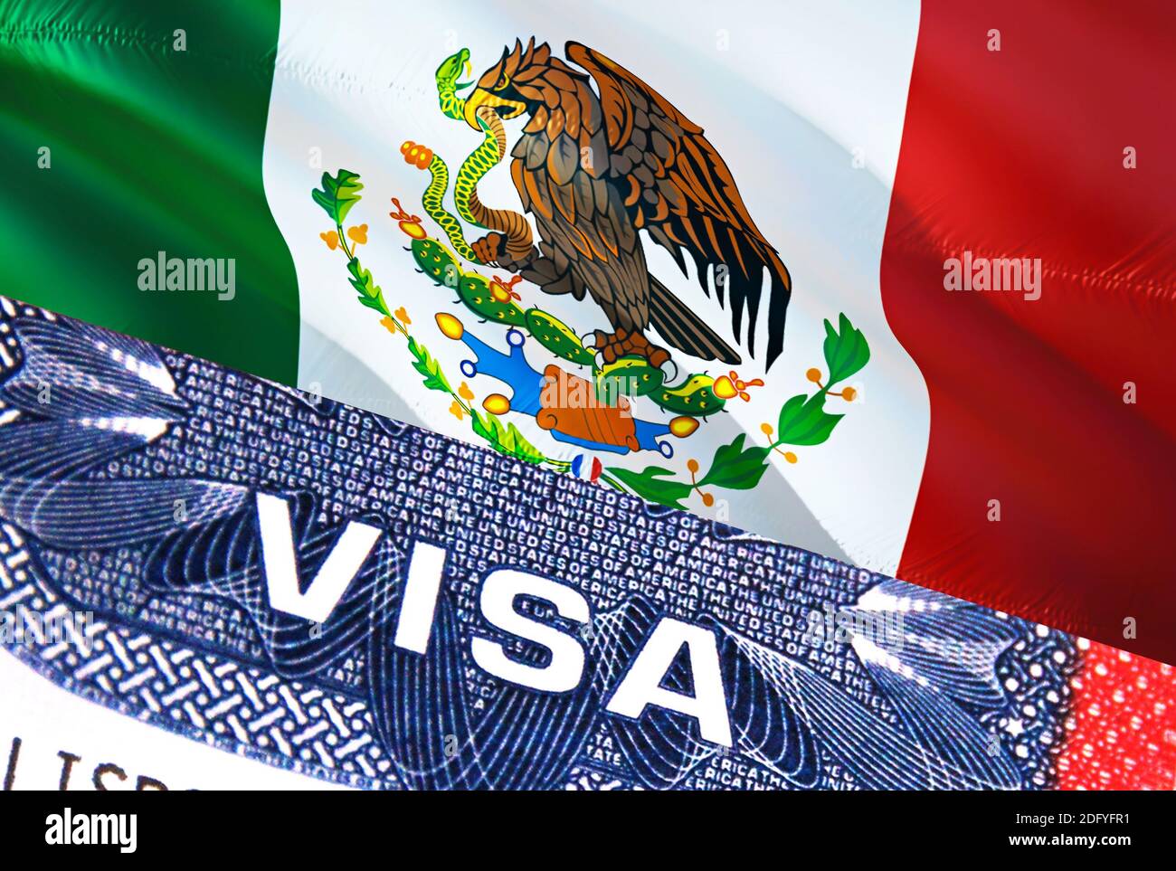 Mexico Visa Document, with Mexico flag in background. Mexico flag with  Close up text VISA on USA visa stamp in passport,3D rendering.Visa passport  sta Stock Photo - Alamy