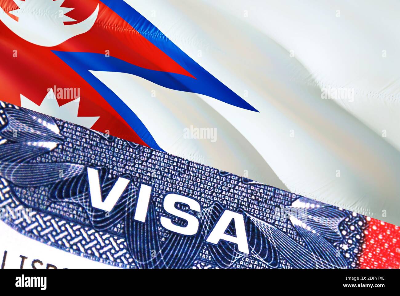 Nepal Visa Document, with Nepal flag in background. Nepal flag with Close up text VISA on USA