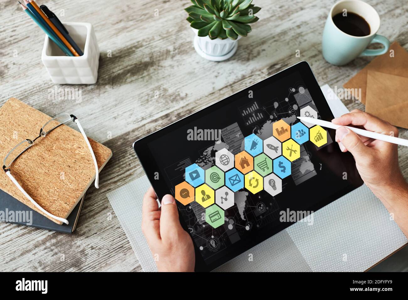 Application and diagrams on device screen. Business control panel and apps development concept Stock Photo