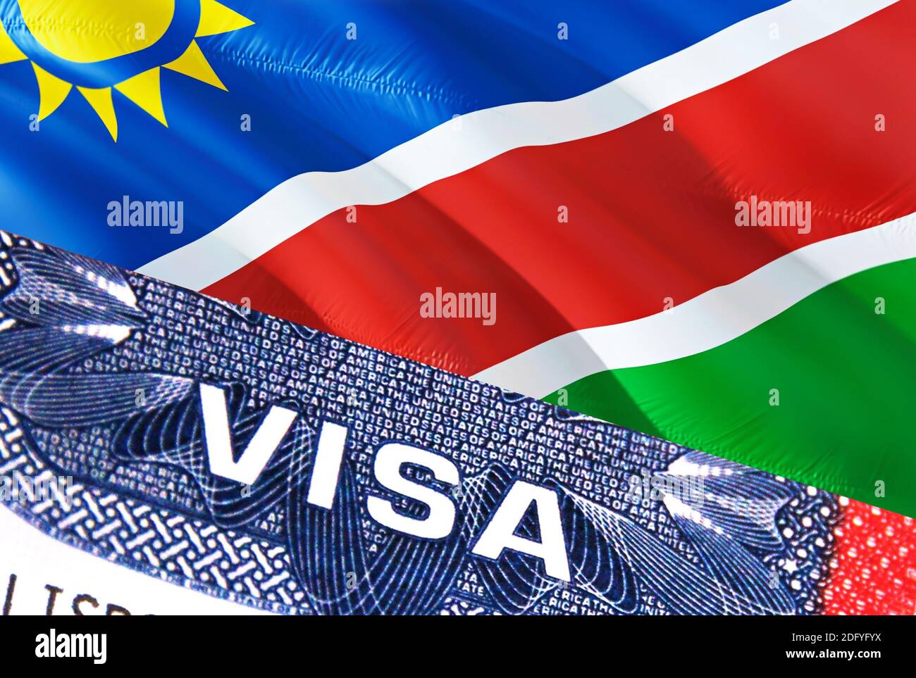 Namibia Visa Document, with Namibia flag in background. Namibia flag