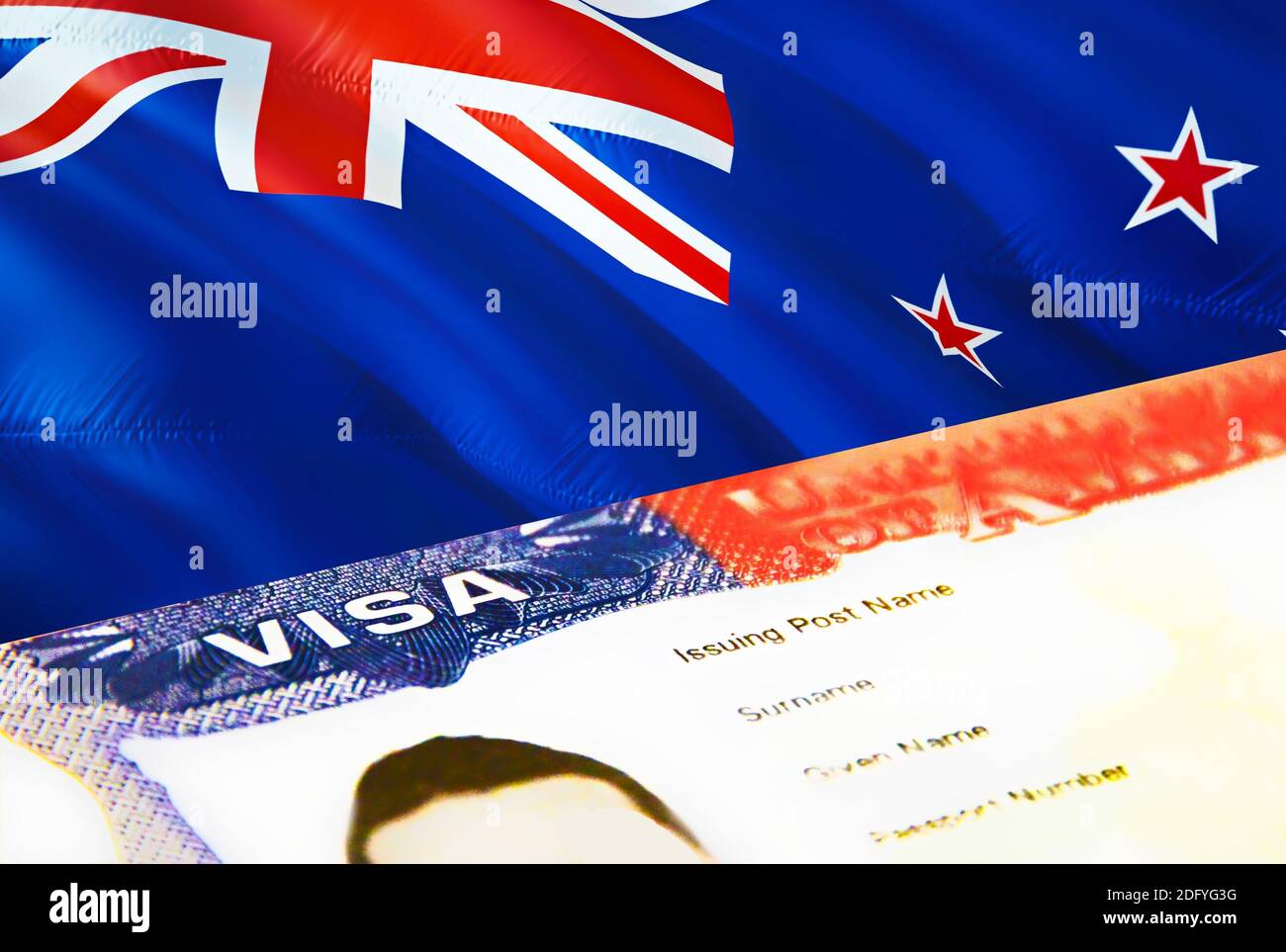 New Zealand immigration document close up. Passport visa on New Zealand