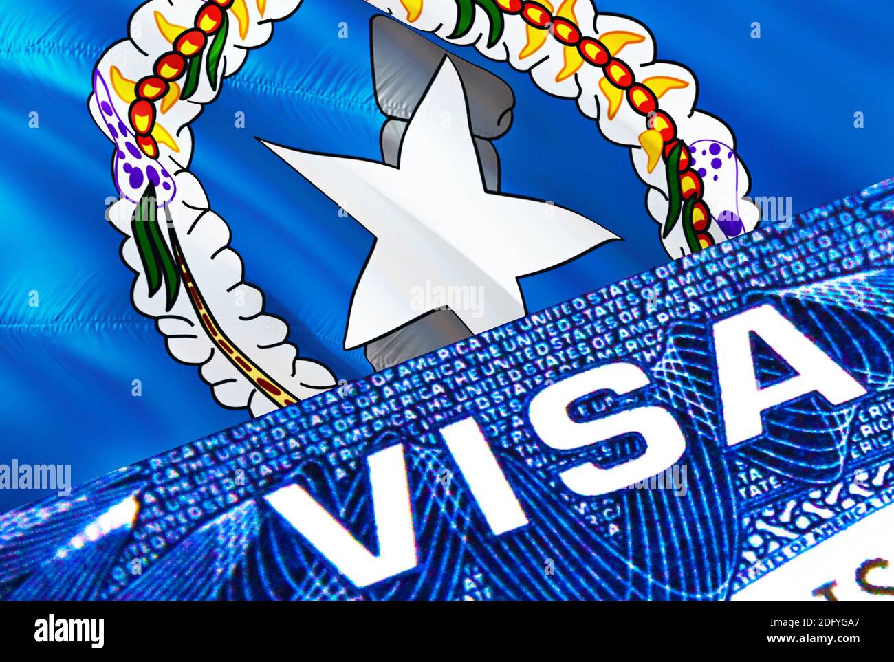 Northern Mariana Islands visa document close up. Passport visa on Northern Mariana Islands flag