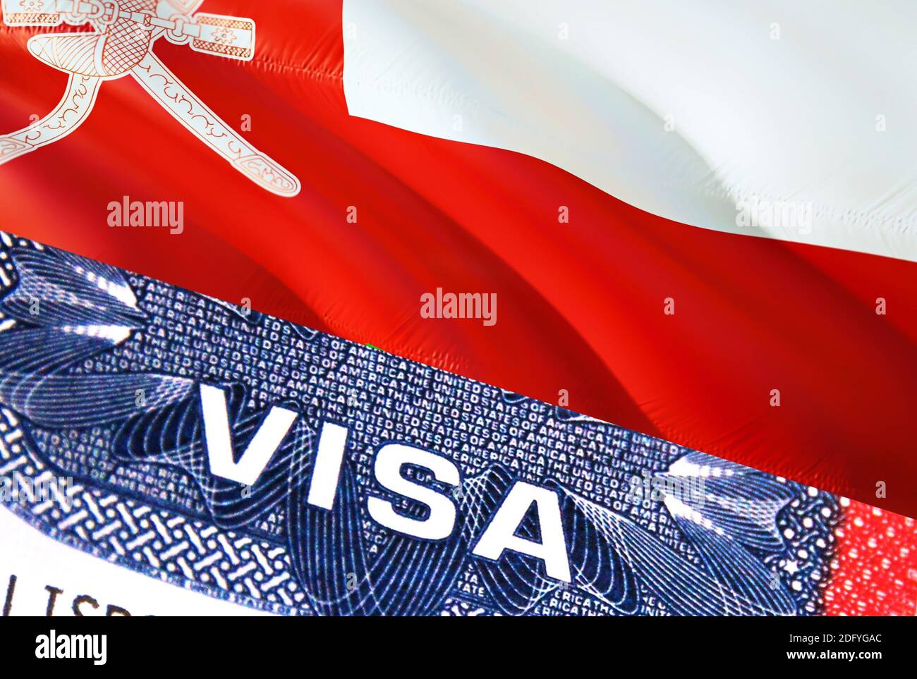 Oman Visa Document, with Oman flag in background. Oman flag with Close