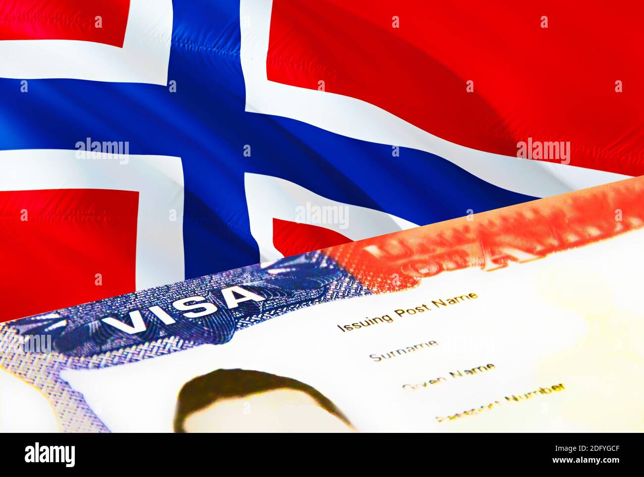 Norway immigration document close up. Passport visa on Norway flag